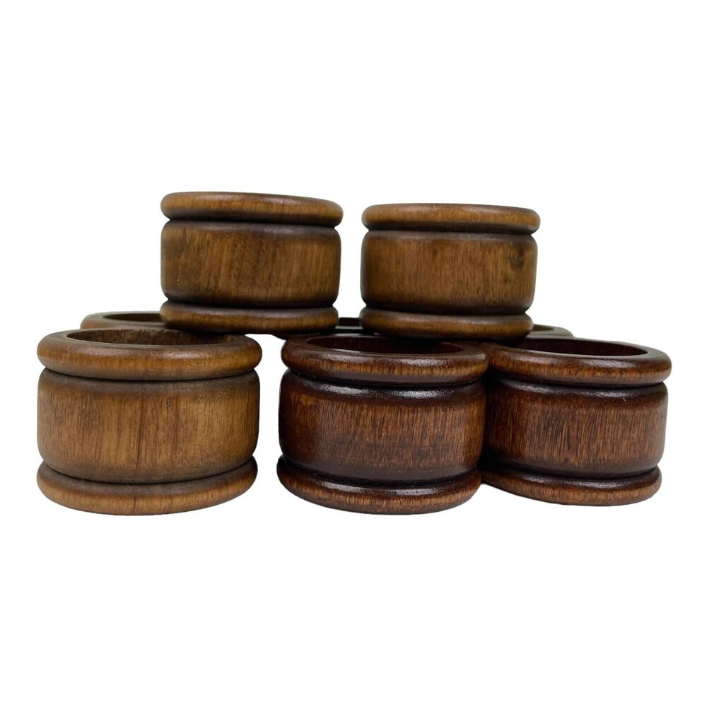 Vintage Mid Century Set of 8 Napkin Rings Round Wood Boho Wooden